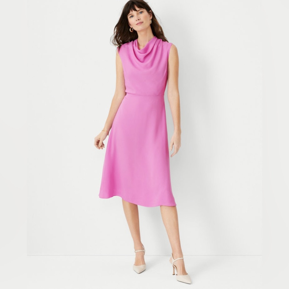 Ann Taylor Mock Neck Midi Flare Dress Magenta